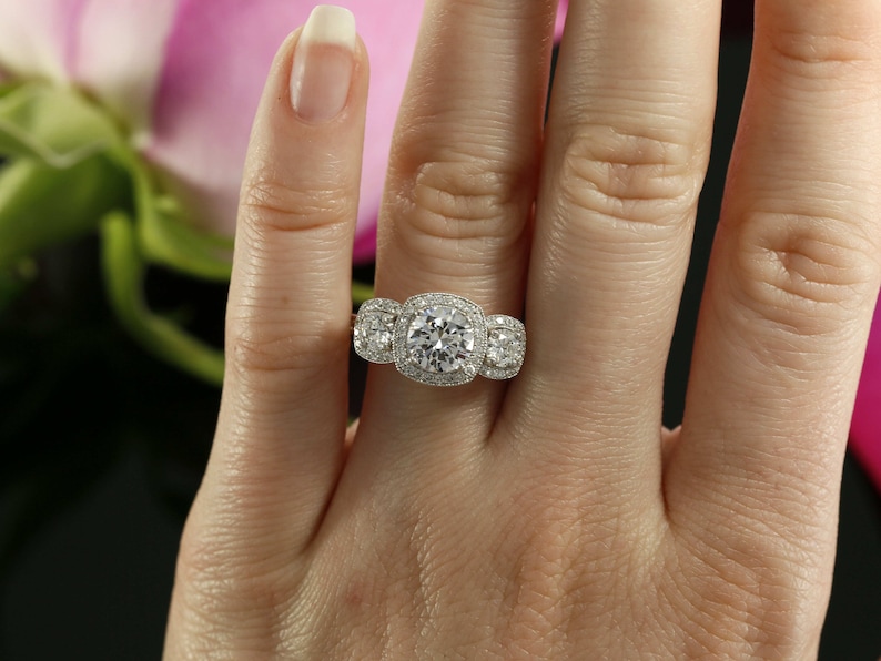 Moissanite Three Stone Halo Engagement Ring. White gold halo diamond ring setting. Forever One moissanite 3 stone ring. Anniversary ring image 2