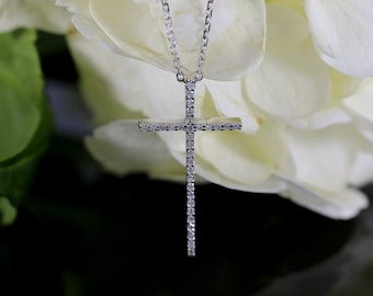 14k Gold Diamond Cross Necklace - Diamond Pendant with Chain, Long Diamond Cross, Delicate Diamond Cross with Chain, made to order cross