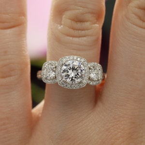 Moissanite Three Stone Halo Engagement Ring. White gold halo diamond ring setting. Forever One moissanite 3 stone ring. Anniversary ring image 5