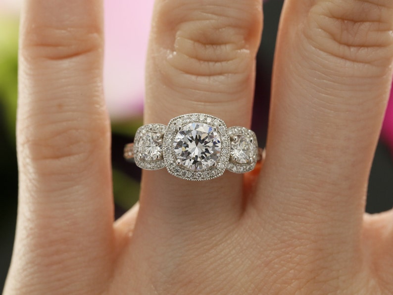 Moissanite Three Stone Halo Engagement Ring. White gold halo diamond ring setting. Forever One moissanite 3 stone ring. Anniversary ring image 5