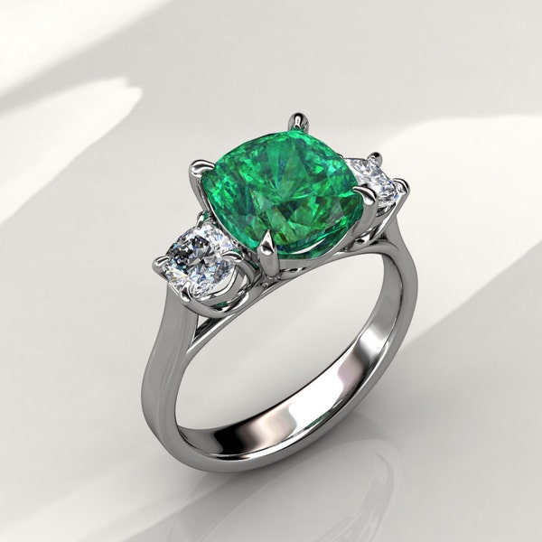 Three Stone Cushion Emerald  and Forever Brilliant Moissanite Engagement Ring (available in white gold,rose gold,yellow gold and platinum)