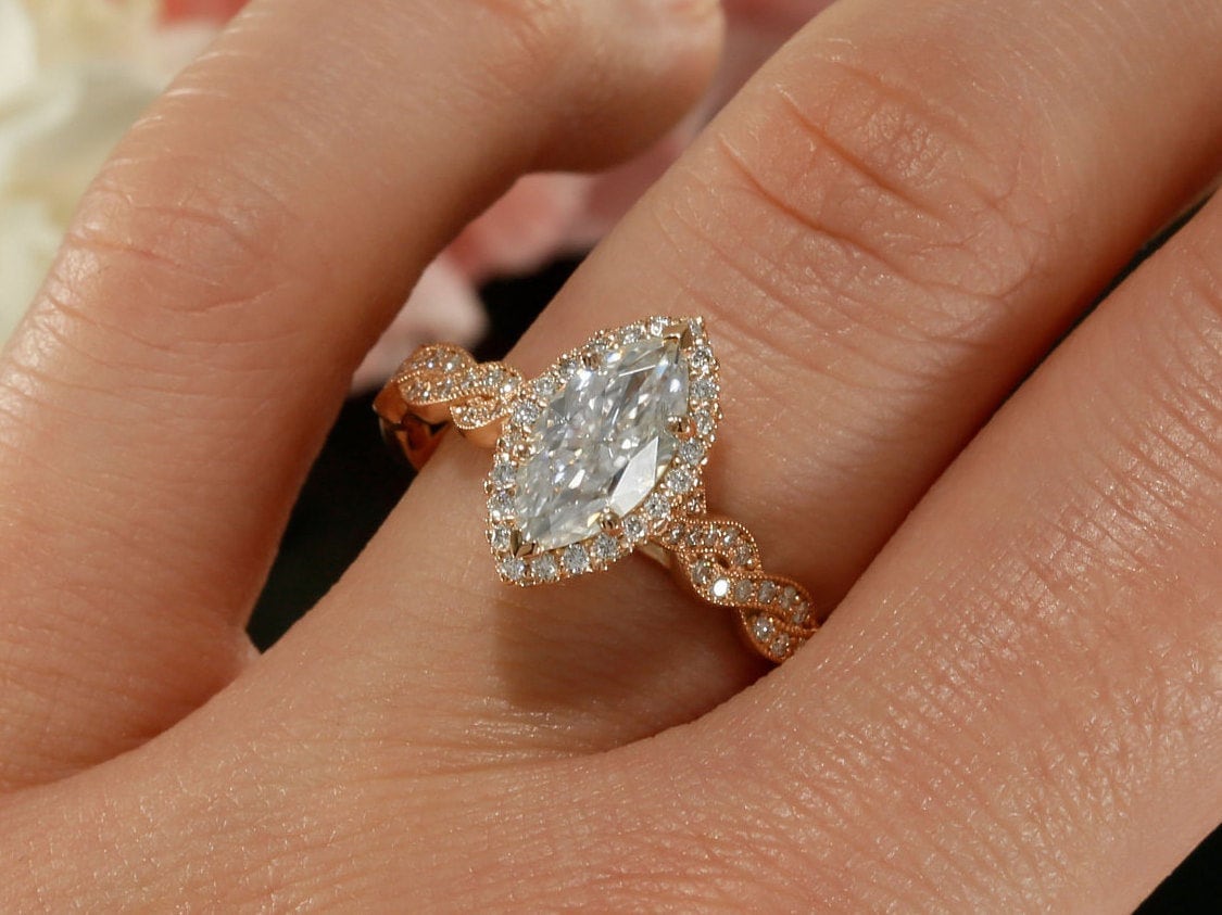 14K Rose Gold  Moissanite Diamond Ring Shapes Marquise With Round Cut Unique Women Designer Rind