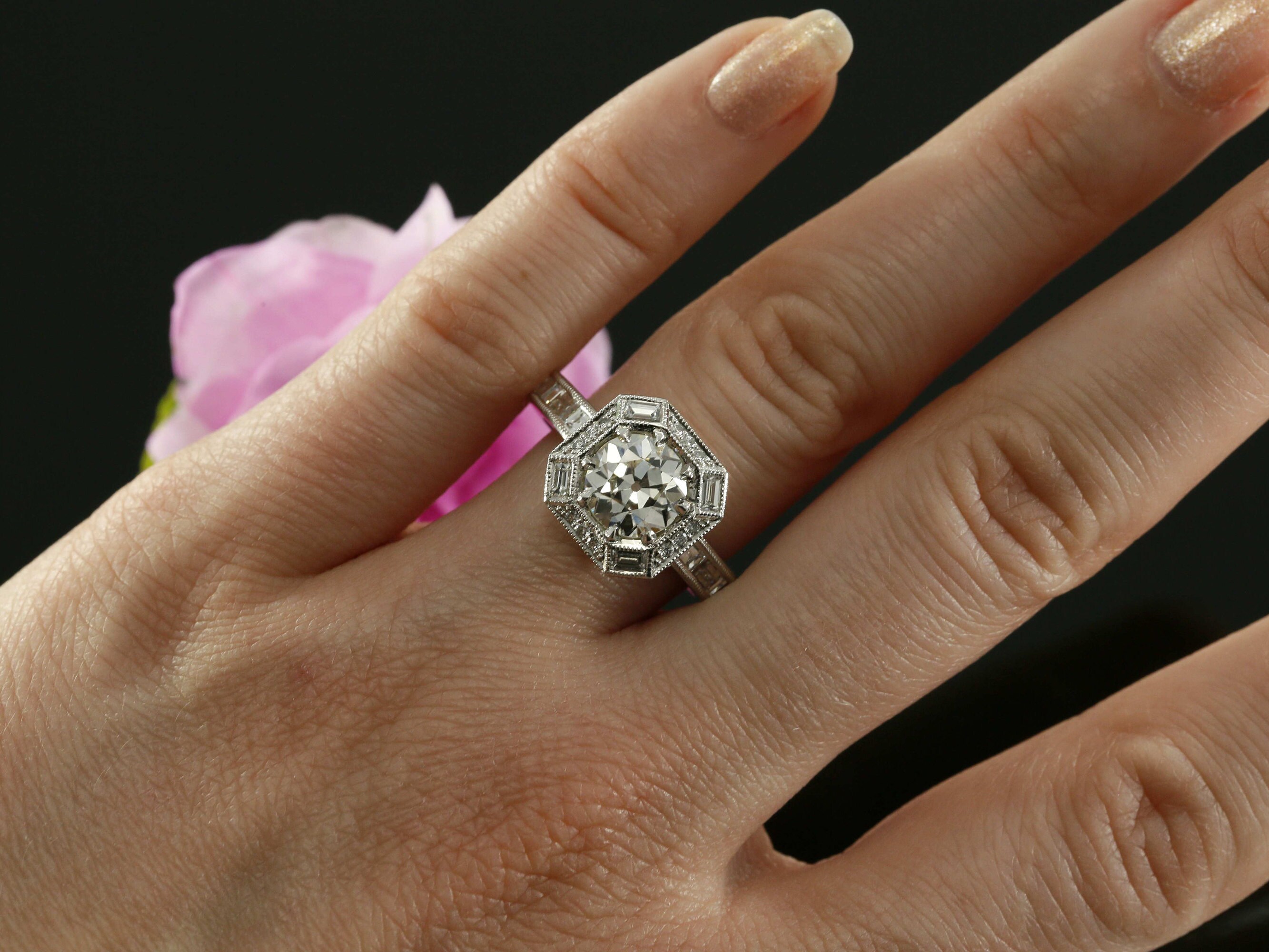 European Cut Lab Diamond Old European Cut Lab Grown Diamond Engagement Ring, Milgrain Art Deco ...