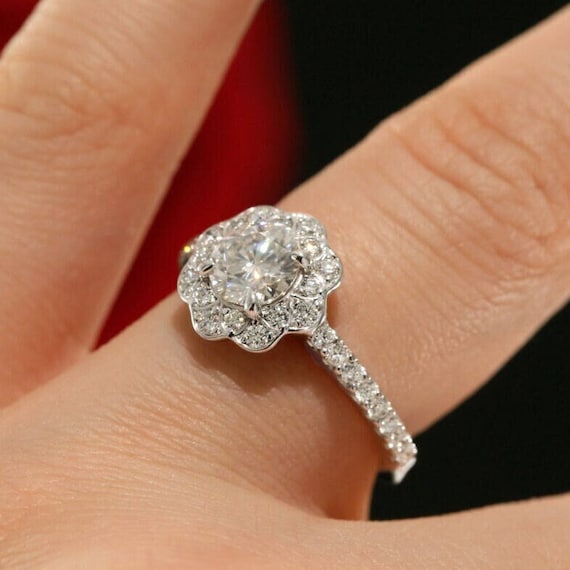 Lab Grown Diamond Halo Engagement Ring: 14k White Gold Flower Ring
