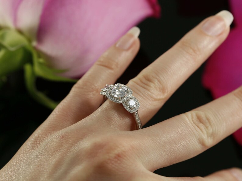 Moissanite Three Stone Halo Engagement Ring. White gold halo diamond ring setting. Forever One moissanite 3 stone ring. Anniversary ring image 3