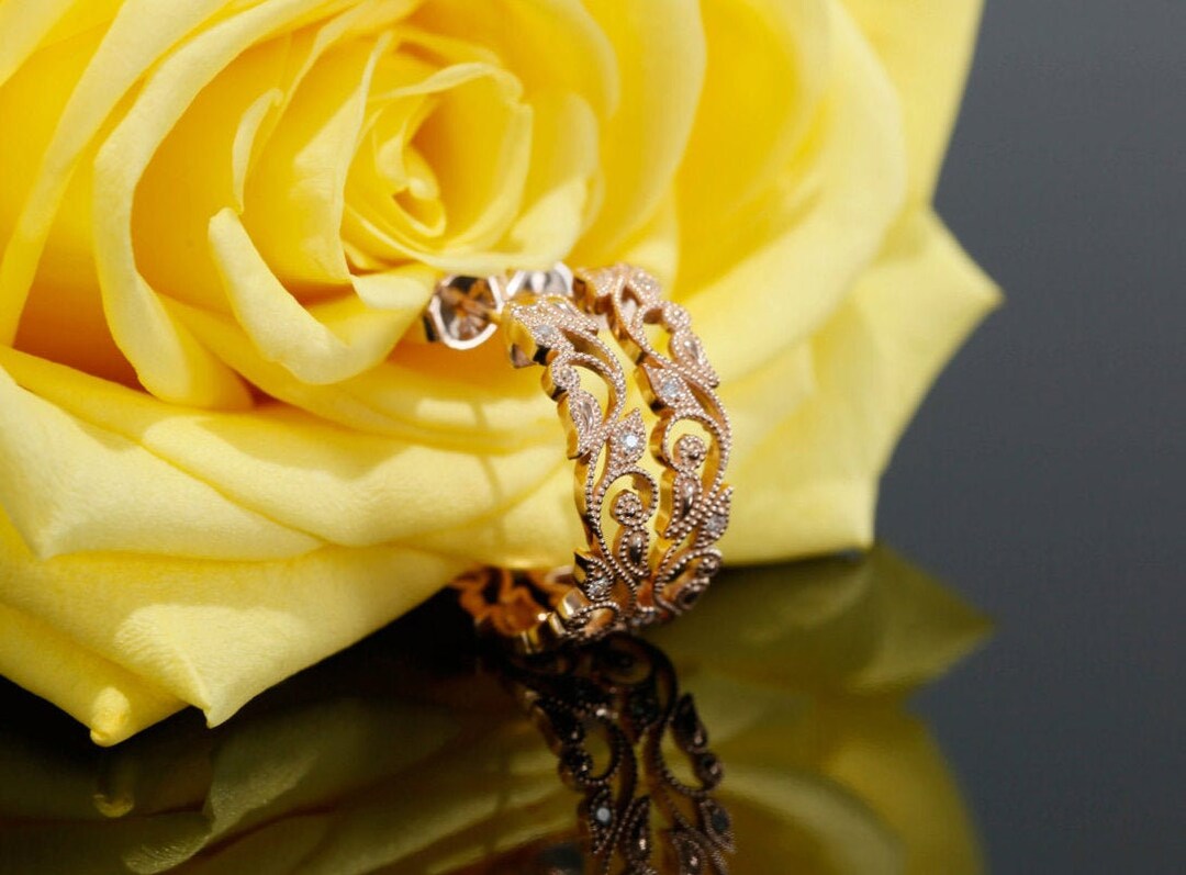 Diamond Earrings in 14k Rose Gold Half Hoop Flower and Leaf - Etsy