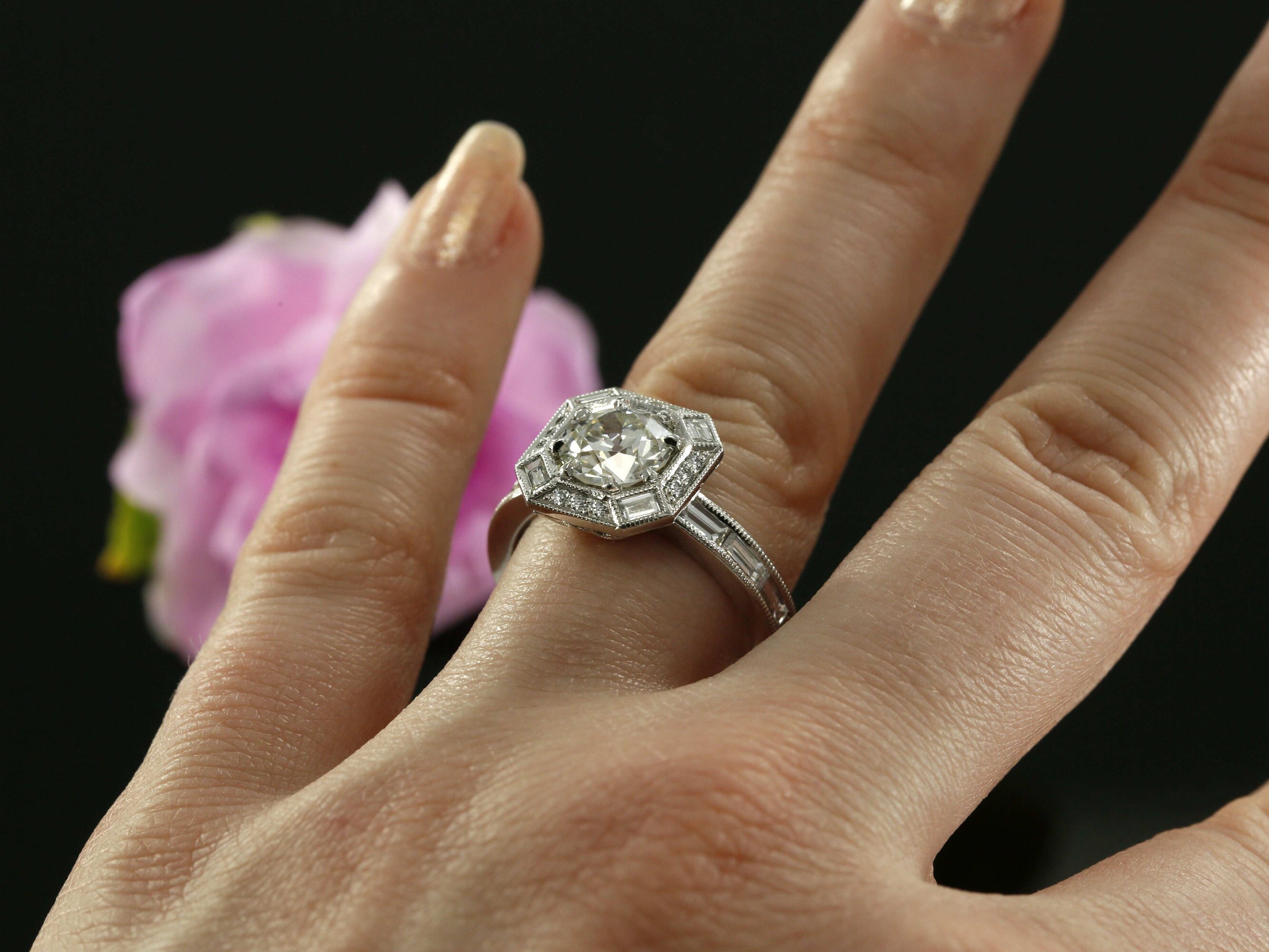 European Cut Lab Diamond Old European Cut Lab Grown Diamond Engagement Ring, Milgrain Art Deco ...