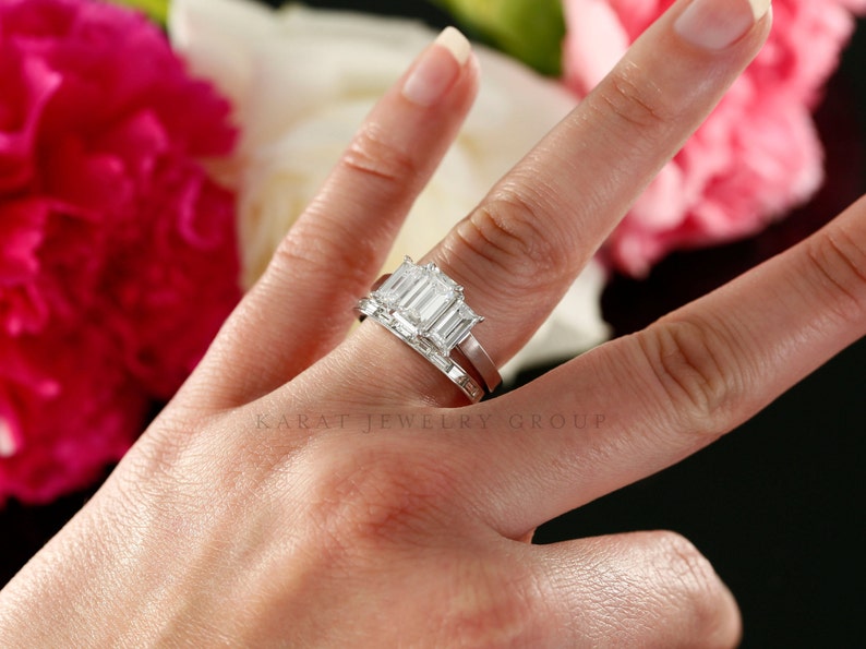 Emerald Cut Lab Diamond Engagement Ring Set: 14k White Gold Three Stone ...