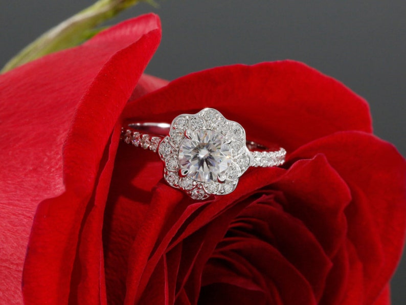 May include: A silver engagement ring with a large round diamond surrounded by smaller diamonds set in a flower-shaped halo. The ring is resting on a red rose.