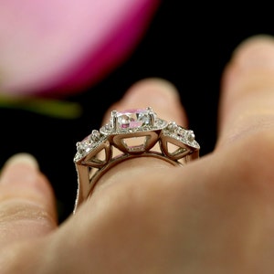 Moissanite Three Stone Halo Engagement Ring. White gold halo diamond ring setting. Forever One moissanite 3 stone ring. Anniversary ring image 8
