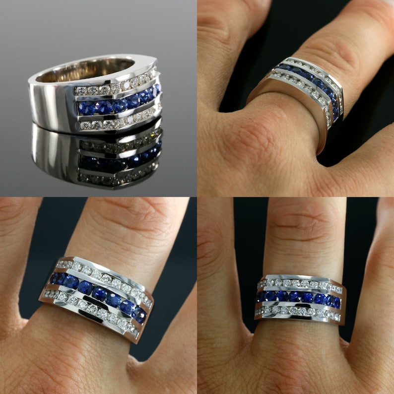 12mm Wide Diamond and Blue Sapphire Men's Wedding Band in Etsy
