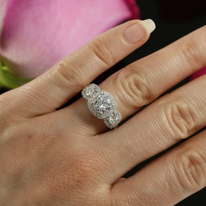Moissanite Three Stone Halo Engagement Ring. White gold halo diamond ring setting. Forever One moissanite 3 stone ring. Anniversary ring image 4