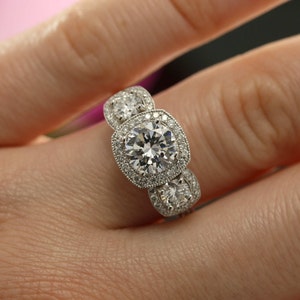 Moissanite Three Stone Halo Engagement Ring. White gold halo diamond ring setting. Forever One moissanite 3 stone ring. Anniversary ring image 9