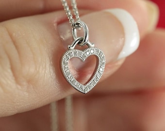 Heart diamond necklace in White gold, Small Heart shape pendant, Love necklace .Valentine&#39;s day GIFT FOR HER. Romantic diamond heart pendant