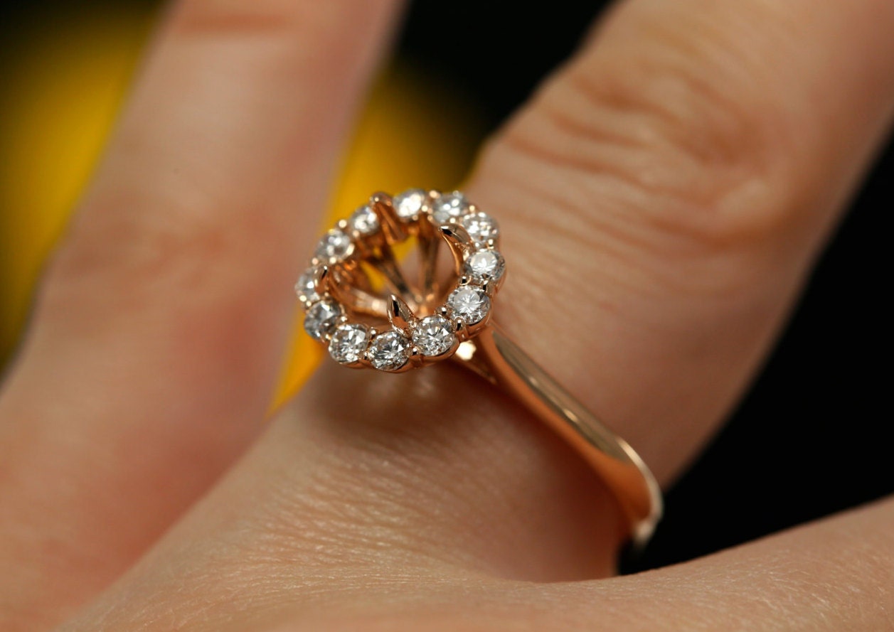 Diamond Halo Engagement Ring Mounting in 14k Rose Gold for - Etsy
