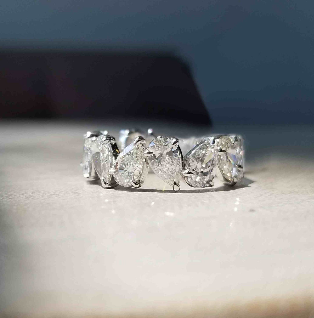 Lab Grown Diamond Wedding Band in 18k White Gold. Unique Pear Cut Lab