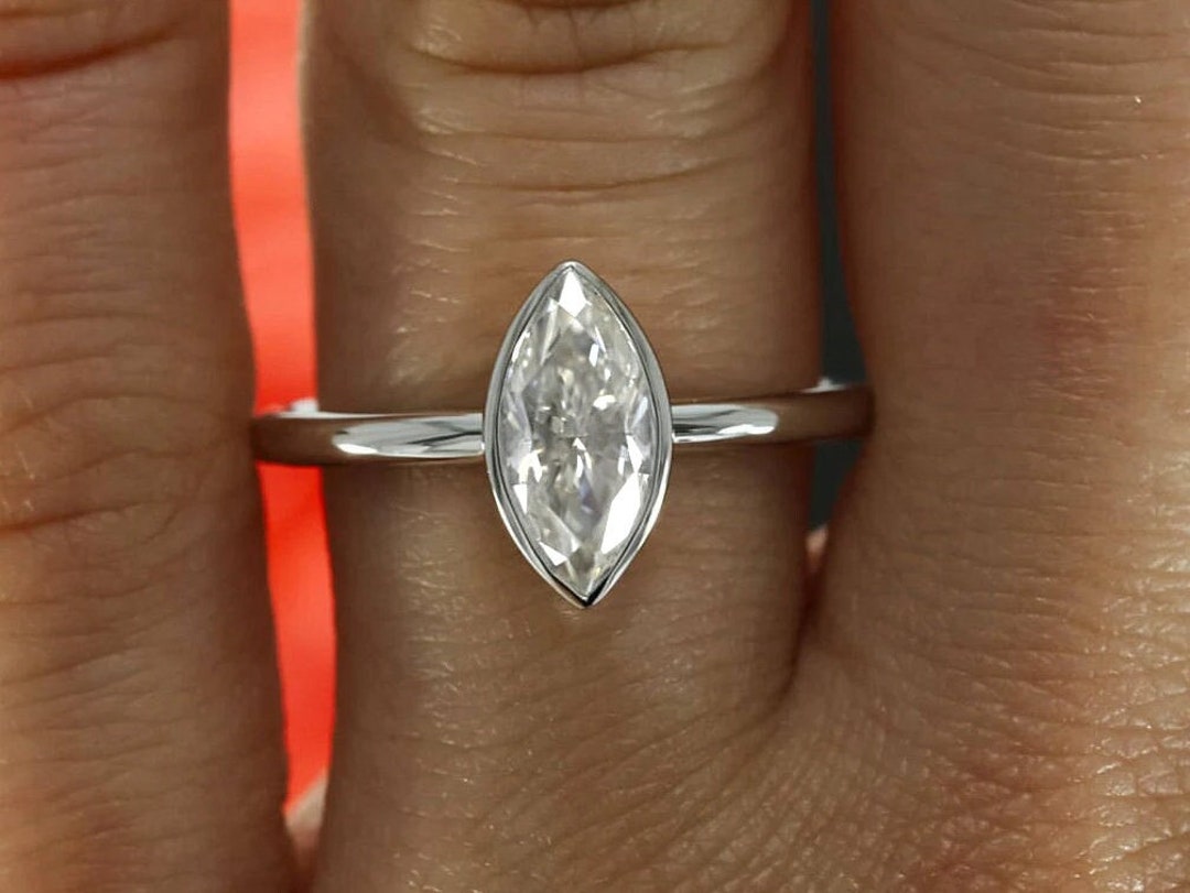 Marquise Lab Grown Diamond Solitaire Ring - 14k White Gold Bezel Set - Etsy