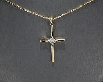 3.5mm Princess Cut Diamond Cross Necklace in 14k Yellow Gold. Tall and delicate cross with diamond. 1.20inch long cross. Tall diamond cross