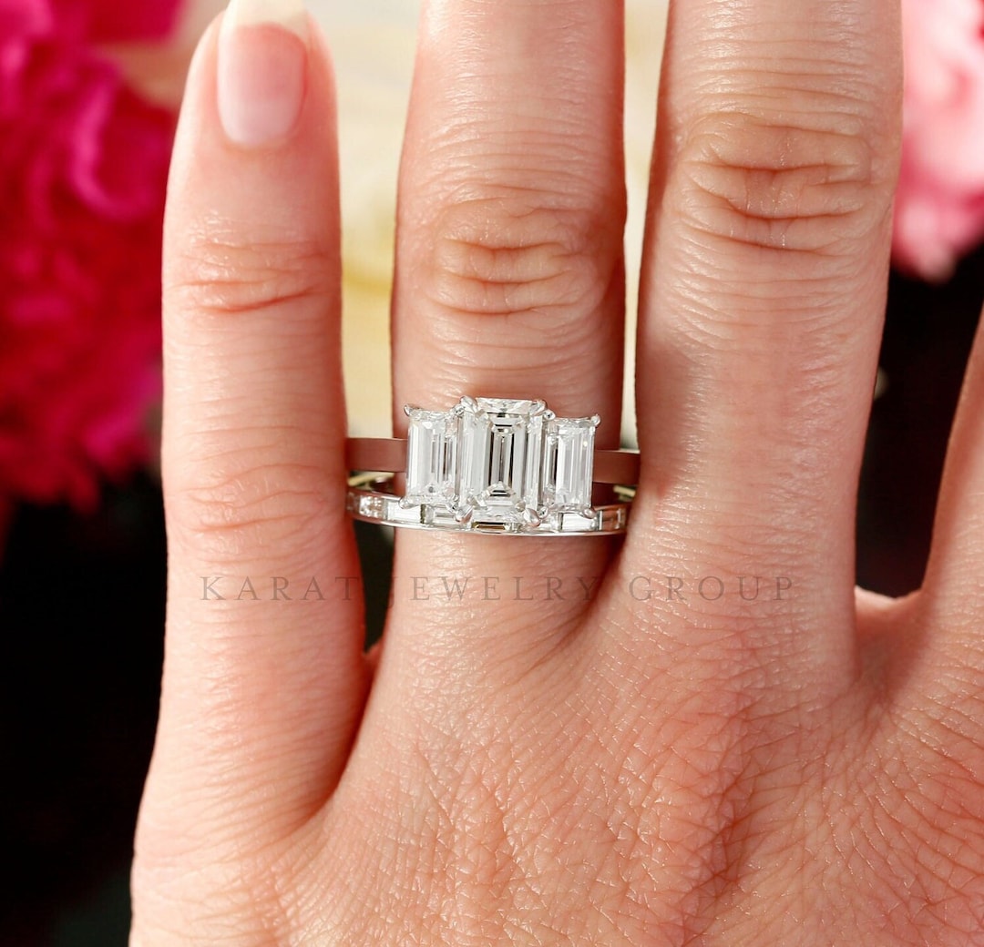 Emerald Cut Lab Diamond Engagement Ring Set: 14k White Gold Three Stone ...