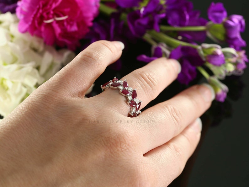 14K White Gold Ruby and Diamond Wedding Band - Half Eternity ...