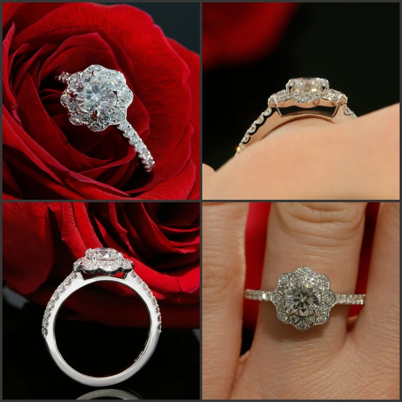 May include: A silver engagement ring with a large, round, clear diamond surrounded by smaller diamonds in a flower-shaped setting. The ring is shown on a red rose and on a finger.