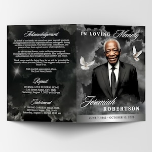 May include: A memorial program featuring a portrait of Jeremiah Robertson, set against a cloudy sky with doves. The program includes text about remembrance, acknowledgements, and service details.