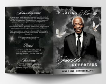 8 Page Black Silver Funeral Program Template, 17x11 Obituary Program, Funeral Bifold, Memorial Program, Booklet, Celebration of Life, Canva