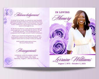 May include: A memorial card with a photo of a woman in a white dress, surrounded by purple roses. The text reads "In Loving Memory" and includes the name Lorraine Williams and dates August 7, 1975 - October 5, 2025.
