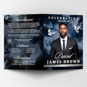 Puede incluir: Un programa conmemorativo con un retrato de un hombre con traje, con el texto "Celebrando la vida de David James Brown, 7 de junio de 1998 - 10 de octubre de 2025." El programa incluye agradecimientos, portadores y detalles de arreglos.