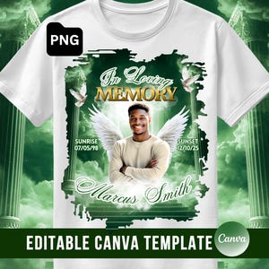 May include: White t-shirt with a memorial design. The design features a portrait of a man with angel wings, the text "In Loving Memory," and the name "Marcus Smith." Includes dates and a "PNG" logo.