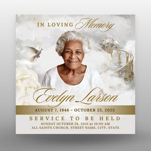 White Heaven Funeral Announcement Invitation, Memorial Flyer, Celebration of Life, In Loving Memory, Canva Template Flyer