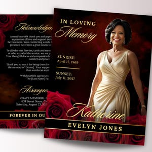 8 Page In Loving Memory Funeral Program Template, Red Roses Obituary Program, 17x11 Memorial Program Bifold Booklet, Celebrating Life, Canva