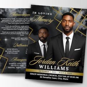 May include: A funeral program template featuring a black and gold geometric design with a cloudy background. The front displays a portrait of a man in a black suit and tie, with the text Jordan Keith Williams, October 7, 1995 - July 3, 2025.
