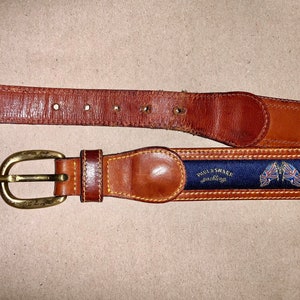 Vintage Paul and Shark Yachting leather belt Rare British flag design blue fabric and tan leather trim belt 105 cm