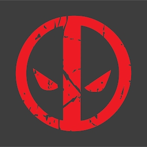 May include: A red and black distressed circle with a stylized face inside. The face has two white eyes with black pupils.