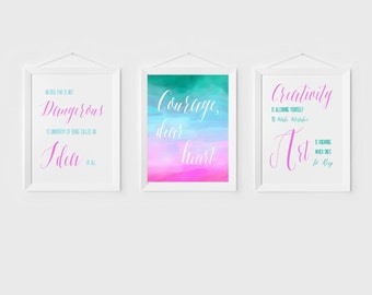 Creativity Quotes, Pink and Aqua Quote Art Prints, Watercolor Wall Art, Calligraphy Quotes, Quotes about Creativity, Oscar Wilde, C.S. Lewis