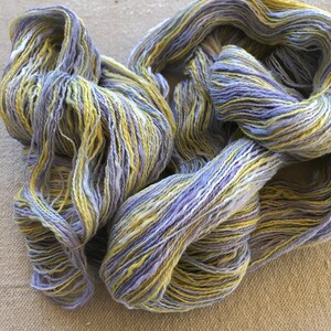 Hand-dyed, 2-ply cotton, thick and thin yarn, 500 yard skeins, in shades of yellow, lavender, and blue image 8