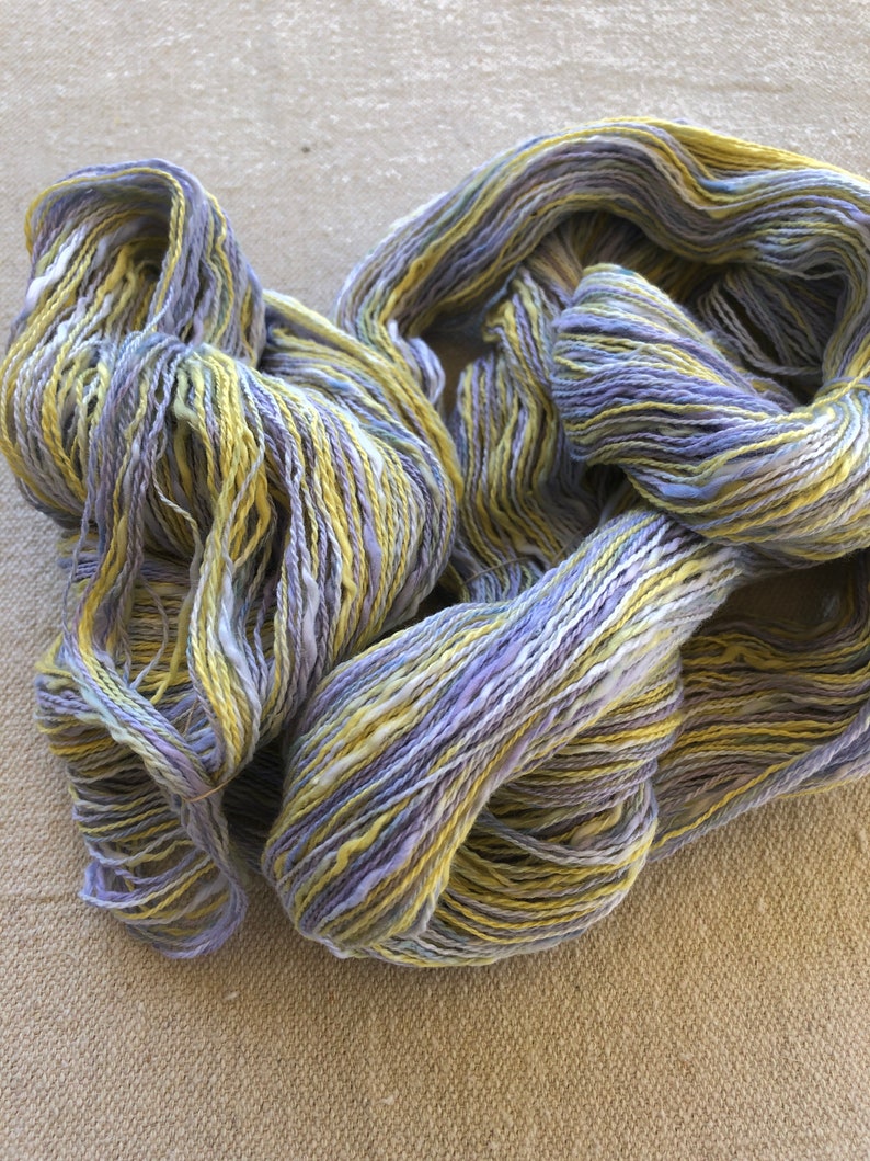 Hand-dyed, 2-ply cotton, thick and thin yarn, 500 yard skeins, in shades of yellow, lavender, and blue image 8