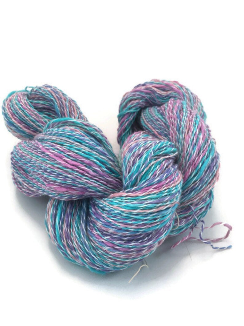 grape cotton and synthetic fingering yarn thick and thin in turquoise and pink -067 Hand-dyed 20 yard mini-skeins and 400 yard skeins