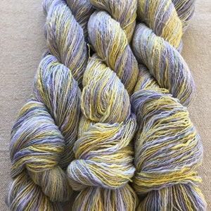 Hand-dyed, 2-ply cotton, thick and thin yarn, 500 yard skeins, in shades of yellow, lavender, and blue image 9