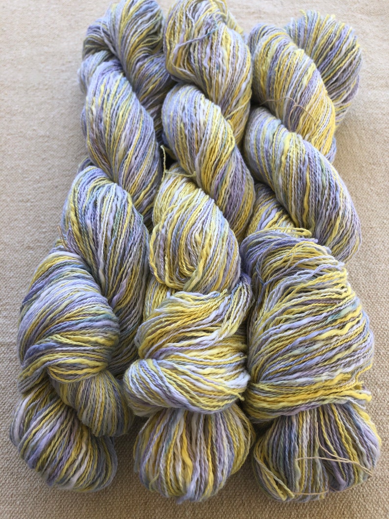 Hand-dyed, 2-ply cotton, thick and thin yarn, 500 yard skeins, in shades of yellow, lavender, and blue image 9