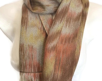 Hand-dyed, handwoven, Tencel, fringed scarf, table runner, in shades of brown, yellow, beige, and orange -HSS45