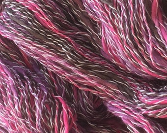 Thick and thin cotton and synthetic hand dyed yarn in pink, mauve, and brown -0066