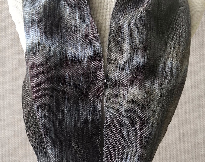 Featured listing image: Hand-dyed, handwoven cotton and rayon infinity scarf, 9" x 56", in shades of black, charcoal, grey, silver blue, and pale blue