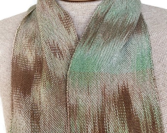 Hand-dyed, handwoven infinity scarf, 5" x 52", Tencel, in shades of brown, beige, green, and white