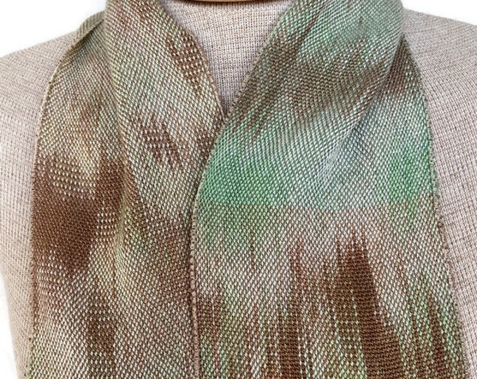 Hand-dyed, handwoven infinity scarf, 5" x 52", Tencel, in shades of brown, beige, green, and white