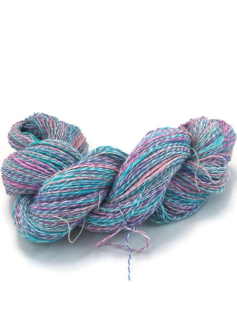 grape cotton and synthetic fingering yarn thick and thin in turquoise and pink -067 Hand-dyed 20 yard mini-skeins and 400 yard skeins
