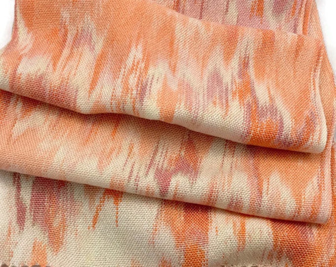 Hand-dyed, handwoven, fringed, Tencel scarf in shades of cream, orange, pink, and raspberry -TFS22