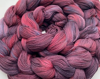 Hand-dyed pre-wound weaving warp, 8/2 ring spun cotton, 5 5/8 yards, in shades of burgundy, crimson, rust, navy, grey, and blue-grey -DW323