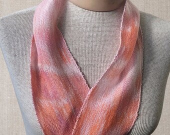 Hand-dyed, handwoven infinity scarf, 4' x 35", Tencel, skinny infinity scarf, in shades of pink, peach, and orange